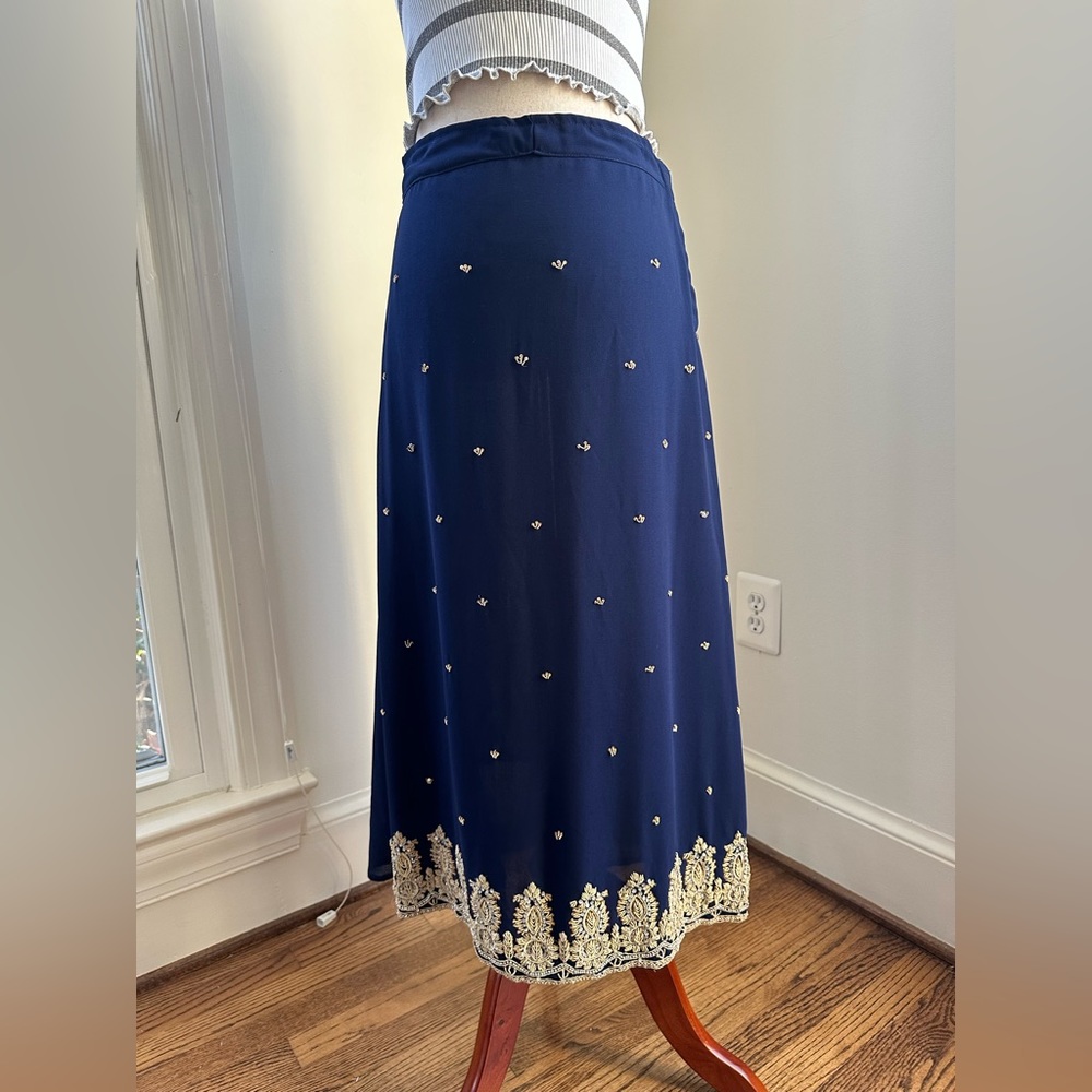 HANDMADE Blue Gold Beaded Embroidered Midi Saree Skirt